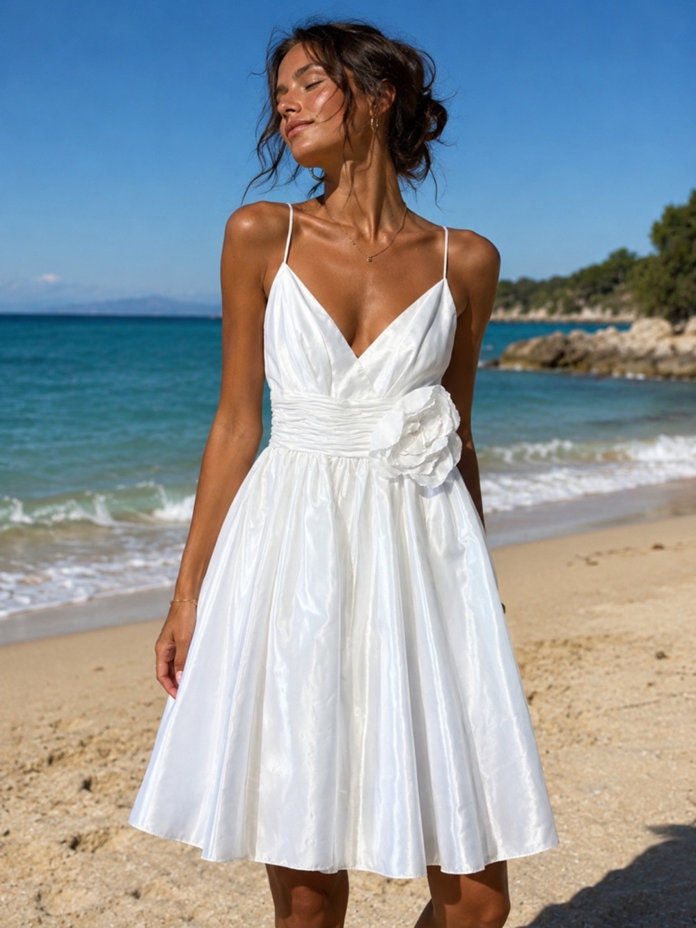 White Spaghetti-Strap Midi Dress with Floral Waist Accent